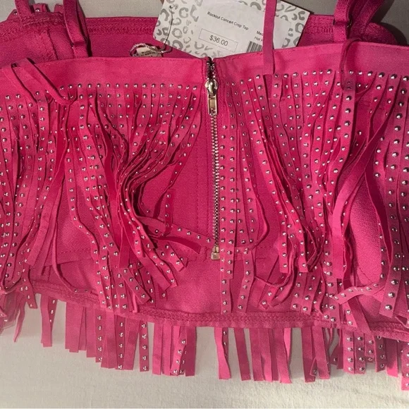 Main Strip Hot Pink Studded Fringe Crop Top - Picture 5 of 11